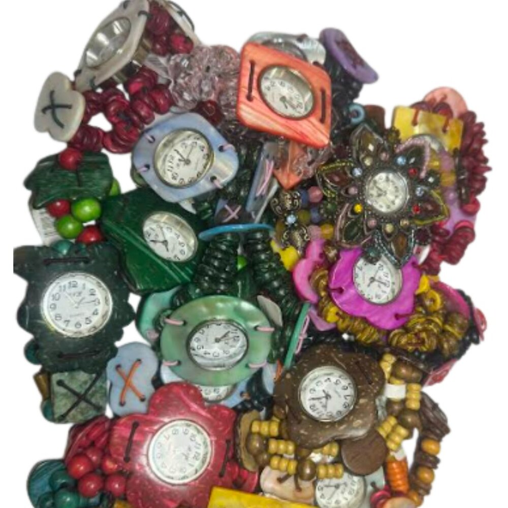 Lot of 6 Mystery Boho Beaded Watch Bracelets – Colorful Funky Retro Jewelry Set